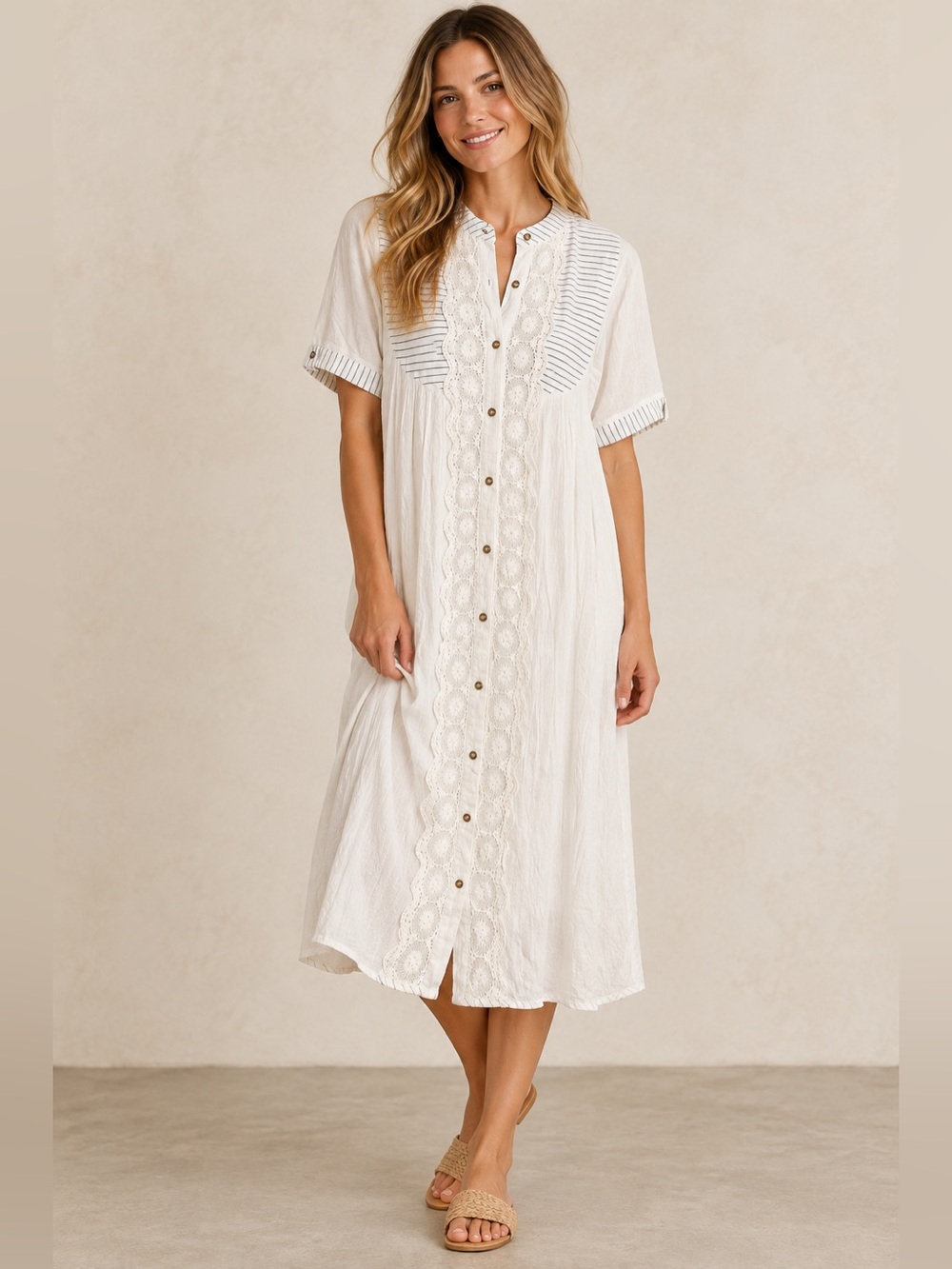 Piper & Scoot Ivory Lace Button Front Midi Dress